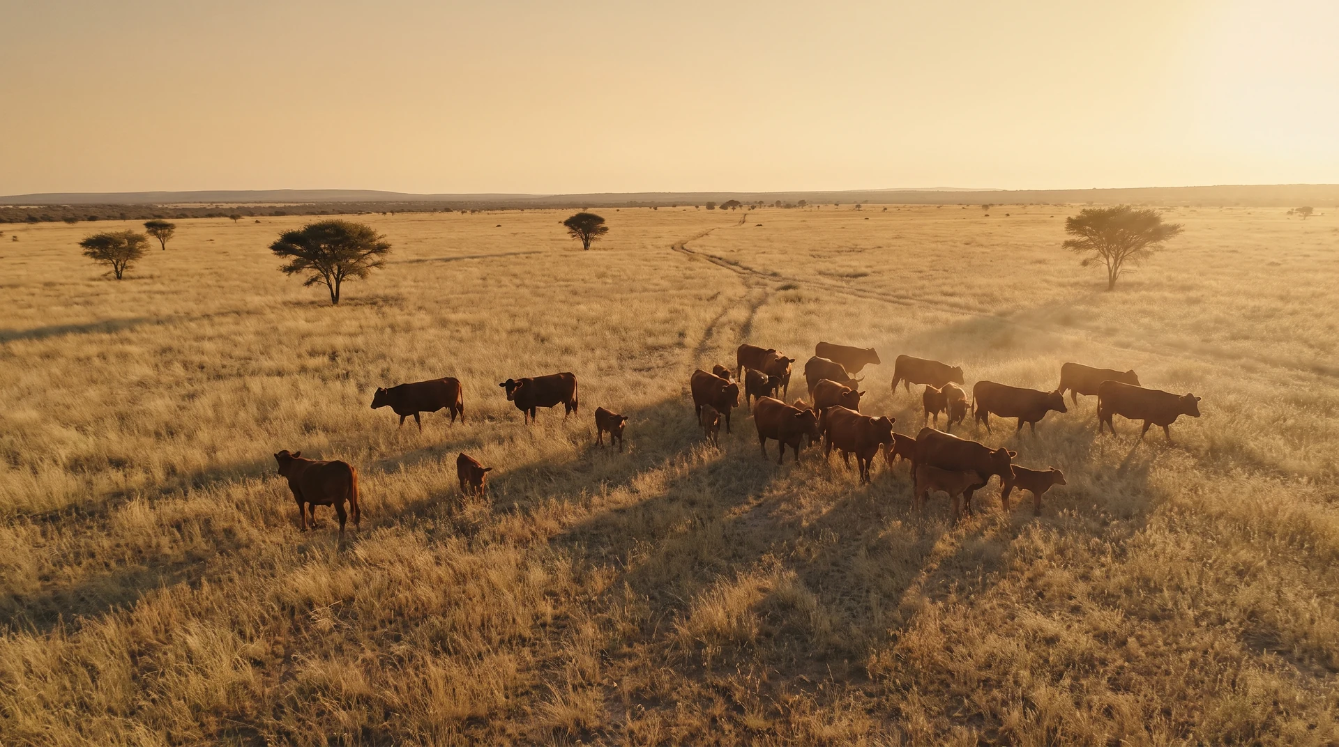 Illustrative scene of Bonsmara cattle grazing in open Namibian grassland at sunset