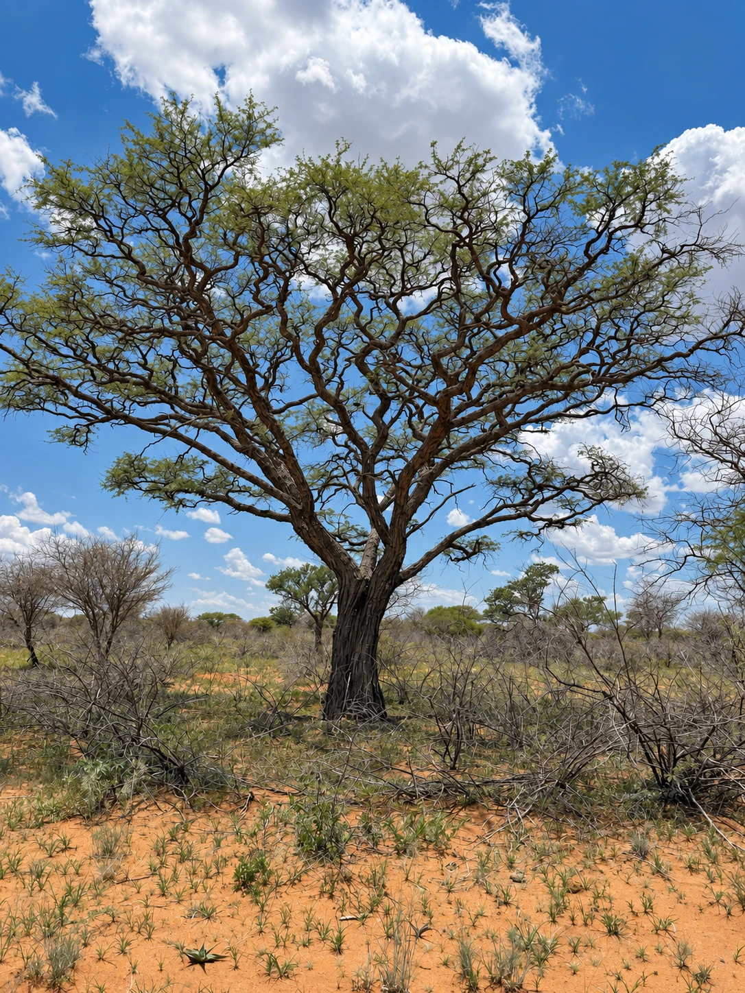 A mature tree among bush and grass on the Namibian farm