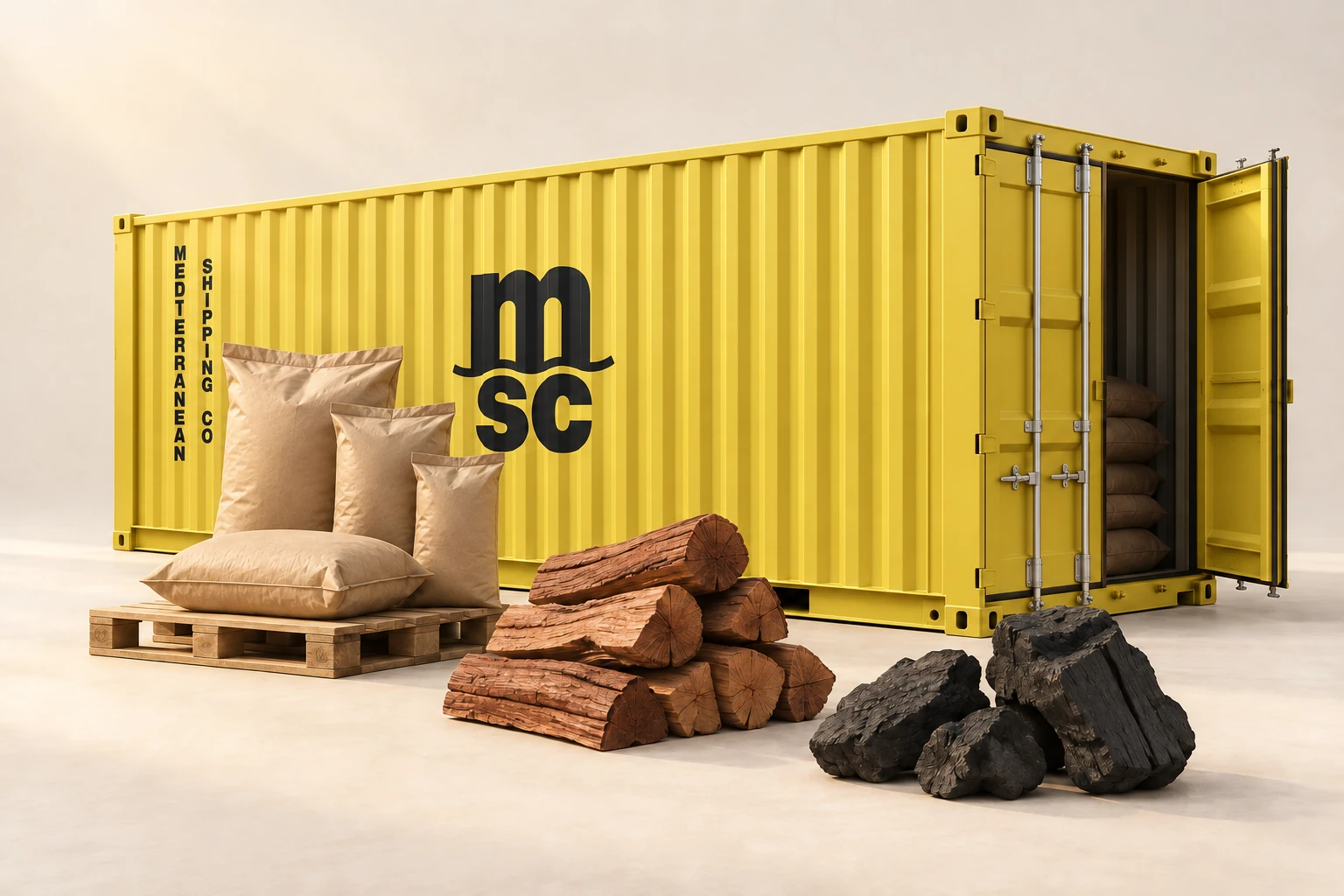 Concept illustration of a yellow MSC shipping container with packaging bags, firewood and charcoal.